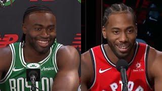 Jaylen Brown does his best Kawhi Leonard laugh at Celtics media day 