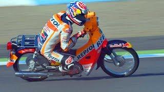 Haha FUNNIEST RACE of Marc Marquez vs Dani Pedrosa of MotoGP allowed to use to small bikes?