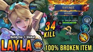 SAVAGE & MANIAC 34 Kills Layla One Hit Build and Emblem - Build Top 1 Global Layla  MLBB
