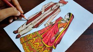 How to Draw Traditional BRIDE and GROOM  Indian - Colour Pencil Drawing Tutorial