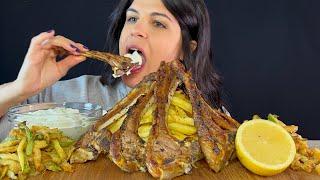 GREEK LAMB CHOPS FRIED ZUCCHINI TZATZIKI & FRIES  MUKBANG  ASMR