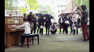 11 year old George Harliono plays Moonlight Sonata 3rd mov on a Street Piano in the rain.