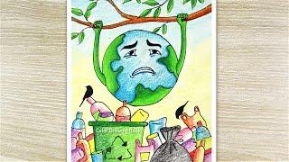How to draw a poster of stop plastic Environment day scenery drawing poster drawing