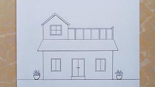 How to draw a house with pencilរបៀបគូរគំនូរផ្ទះដោយប្រើខ្មៅដៃ