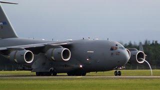 NATO Boeing C-17A lands then Reverses onto stand at RAF Leeming 