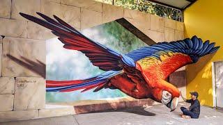 Street Artist Paints a Jaw-Dropping 3D Wall Mural of a Parrot  WooGlobe