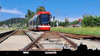 Nástup v Medlánkách a úvrať na Kamenolomu  Cab view tram Brno