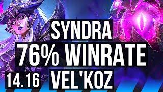 SYNDRA vs VELKOZ MID  76% winrate 7 solo kills Godlike  EUW Master  14.16