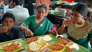 Butter naan unlimited Non-veg meals chettinadu chicken mom and children eating in chettinadu hotel