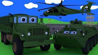 Truck Tim and tour on the military base. Meet a tank an armored carrier jeep. Car cartoons.