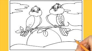 Parrot Couple Drawing very easy - How to Draw Parrot on Tree  Bird Drawing #parrot #birddrawing