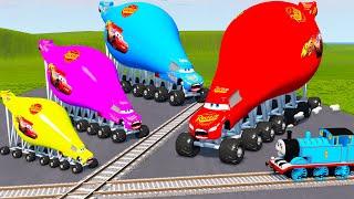 Fat Cars vs Big & Small Long & Tall Lightning Mcqueen vs Thomas Trains - BeamNG.Drive