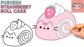 How To Draw Pusheen Cat - Strawberry Roll Cake  Cute Easy Step By Step Drawing Tutorial