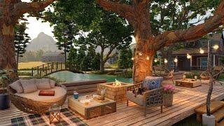 Cozy Terrace with Summer Forest Soundscape Lake and Fireplace Sounds for Relaxation Ambience