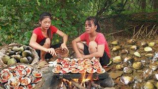 Adventure in forest Catching shells for survival food and Grilling with Chili sauce for dinner