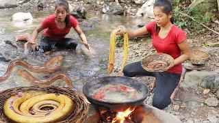 Survival cooking in forest Catch big eel in waterfall & Big eel soup spicy delicious for lunch