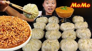 Eating Big Juicy Pork Momo With Spicy Blackbean Noodles Momo Mukbang & Spicy Noodles Nepali Mukbang