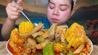 seblak jagung jamur pedas pake mie plus ayam kuah pedas Mukbang