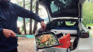 Making Tasty Salmon In My Tesla  Car Camping