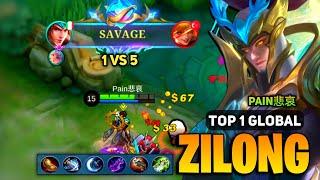 SAVAGE 1 Vs 5  Zilong King Gameplay  Zilong Best Build Top 1 Global  By Pain悲哀 - Mobile Legends