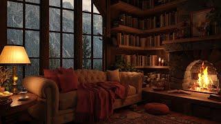 Relaxing Rain on Window & Fireplace Sounds at Cozy Reading Nook Ambience  Thunder for Sleep Relax