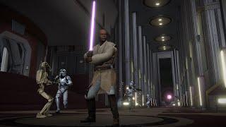 Windu and clone troopers defend Coruscant from Separatist droid invasion