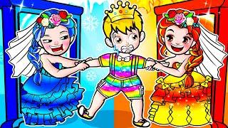 paper dolls Fire vs Ice Elsa Frozen Princess Compete to Get Love  Rapunzel Family 놀이 종이