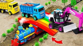 Car toy JCB - Tractor excavator crane mixer truck making a mini concrete bridge for train for kid