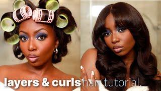 How To Layers & BIG BOUNCY CURLS Hair Tutorial  Curtain Bang Wig Ft. Hermosa Hair