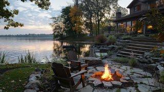 Cozy Lake Porch Warm Fire Pit Singing Birds and Calm Lake Waves for Relaxation