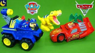 Paw Patrol DINOSAUR Toys Dino Rescue Lightning McQueen Cars Marshall Chase T-Rex Vehicles Unboxing