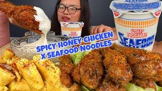 SPICY HONEY GLAZED CHICKEN + SEAFOOD CUP NOODLES PINOY MUKBANG W JUST LAFAM