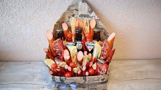 Mens bouquet with their own hands  Envelope with beer and sausage