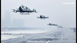 12 EH216-S pilotless eVTOLs take off simultaneously in Hefei China