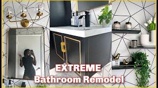 DIY MOODY Bathroom Remodel  PEEL AND STICK FLOORS  WALLPAPER + BLACK CEILING