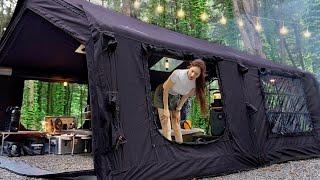 Girl builds house with 55kg cabin air tent and camping alone in wild jungle