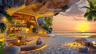 Tropical Beachside Wine Bar Ambiance  Healing Sunset with Gentle Ocean Waves Crackling Fire  ASMR