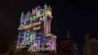 2021 Hollywood Tower Hotel lit up for the 50th Anniversary Tip Top Club Disney World