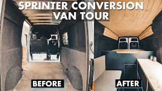 Sprinter Camper Conversion  Van Tour  Huge garage with u-shaped sofa kitchen & pull out bed