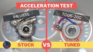 Stock IHI VF35 Turbo vs Aftermarket TD05-20G - Speedo Time Comparison with Datalogs  Subaru STi