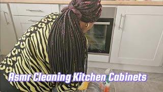 Satisfying wiping & cleaning my dirty Kitchen cabinets with a sponge & cleaning spray. No talking