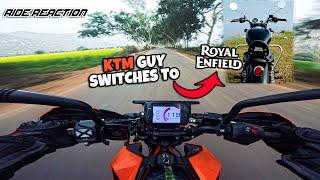 Duke390 Guy rides RE Meteor  1st time  Funny Reaction