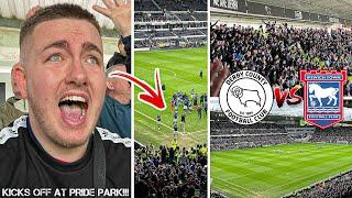 DERBY COUNTY VS IPSWICH TOWN  0-2  POLICE SEPERATE FANS & CHAPLIN GOAL SENDS 3500 BLUES WILD