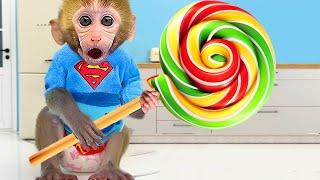 Bebé Mono Bon Bon Supera un Desafío de Obstáculos y Come Paleta Caramelo Arcoíris - MONO BONBON ESP