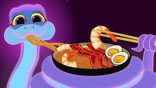 Mukbang Animation by a Cute Cartoon Snake Eating ramen with bacon