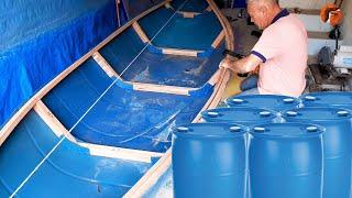 Man Transforms Plastic Drums into an Amazing Boat  Start to Finish Build by @araujocaiaque