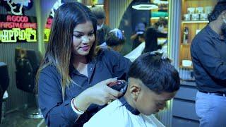 CUTE SCHOOL BOY HAIRCUT  BY FEMALE BARBER  RAINBOW BEAUTY AND TATTOO#rainbowasmr #malehaircut