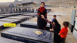 Maryam visiting her grandmothers grave in the cemetery and washing the carpet