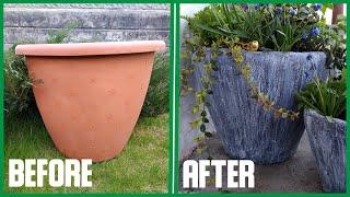 CEMENT POT made out of PLASTIC ONE  Free tutorial  DIY do it yourself  Garden design