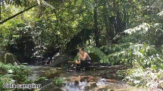 GIRLS SOLO CAMPING setting up a tent by the stream ASMR Relax